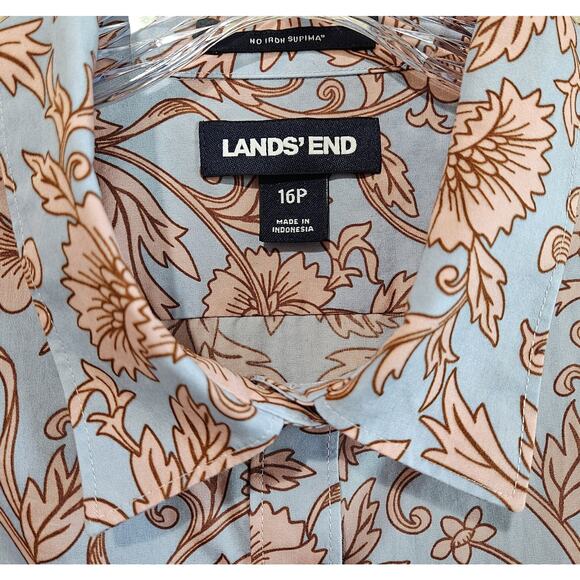 LANDS END Women Petite 16P Blouse Button Up Floral Blue Peach Supima Cotton 44" - Picture 3 of 7